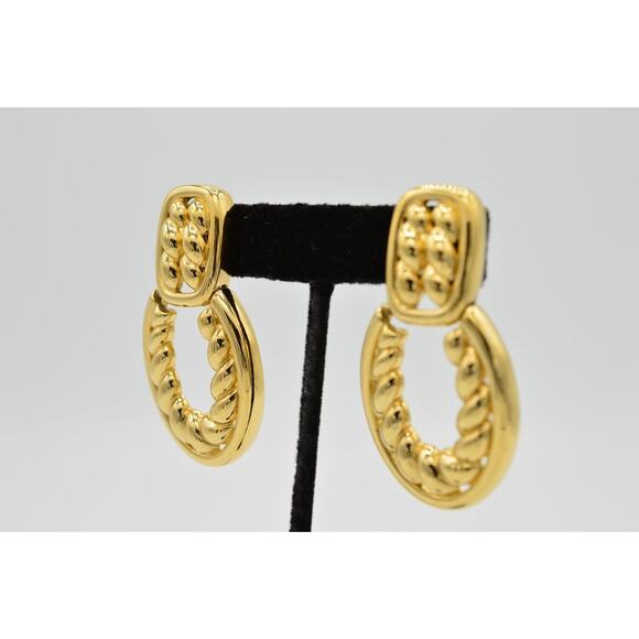 Givenchy Vintage Clip On Earrings Gold Dangle Chunky Door Knockers Signed 80s 9C - Picture 3 of 8